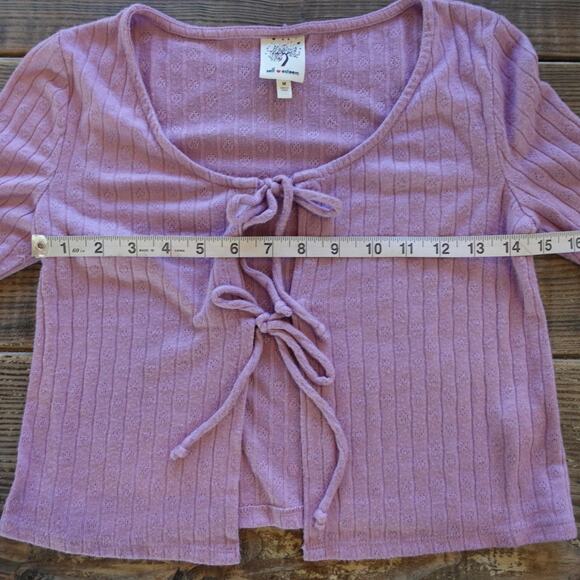Y2K Cardigan Sweater Medium Purple Pastel Tie Front Crop Cottage Fairy Coquette - Picture 3 of 7